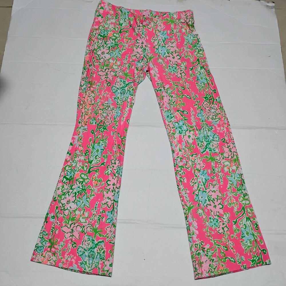 ❤️LILLY PULITZER Stretch Waist Rayon Spandex Floral Wide Leg Pants Sz L